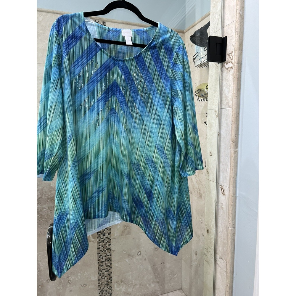 Chicos Crystal Stud Blue Green Asymmetrical Embellished 3/4 Sleeve Top Xl L 2